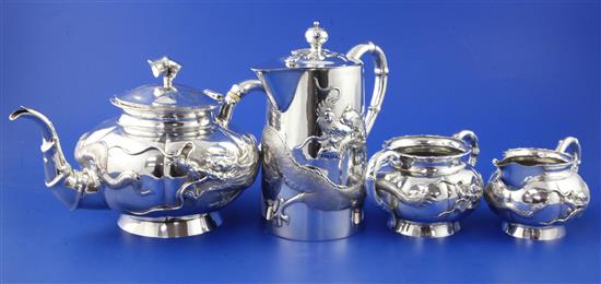 A Chinese four piece silver tea set,